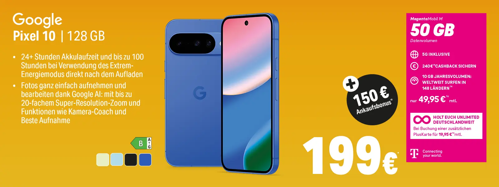 Werbebanner: Google Pixel 10 128 GB Smartphone mit MagentaMobil M 50 GB Tarif.