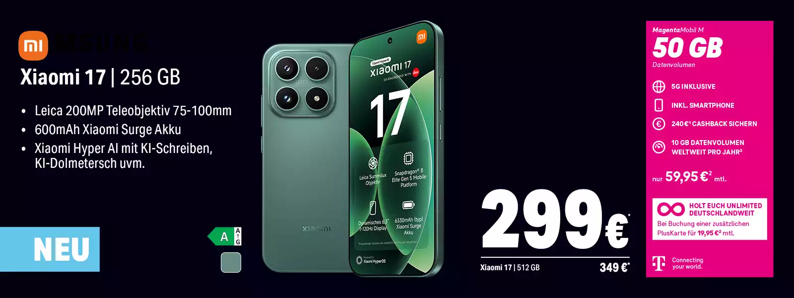 Werbebanner Xiaomi 17 Smartphone 256 GB mit MagentaMobil M 50 GB 5G