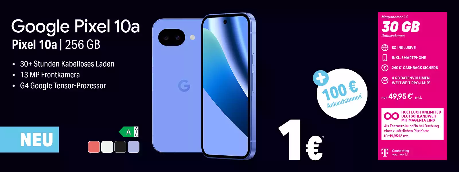 Google Pixel 10a 256 GB mit MagentaMobil S 30 GB Tarif und Bonus