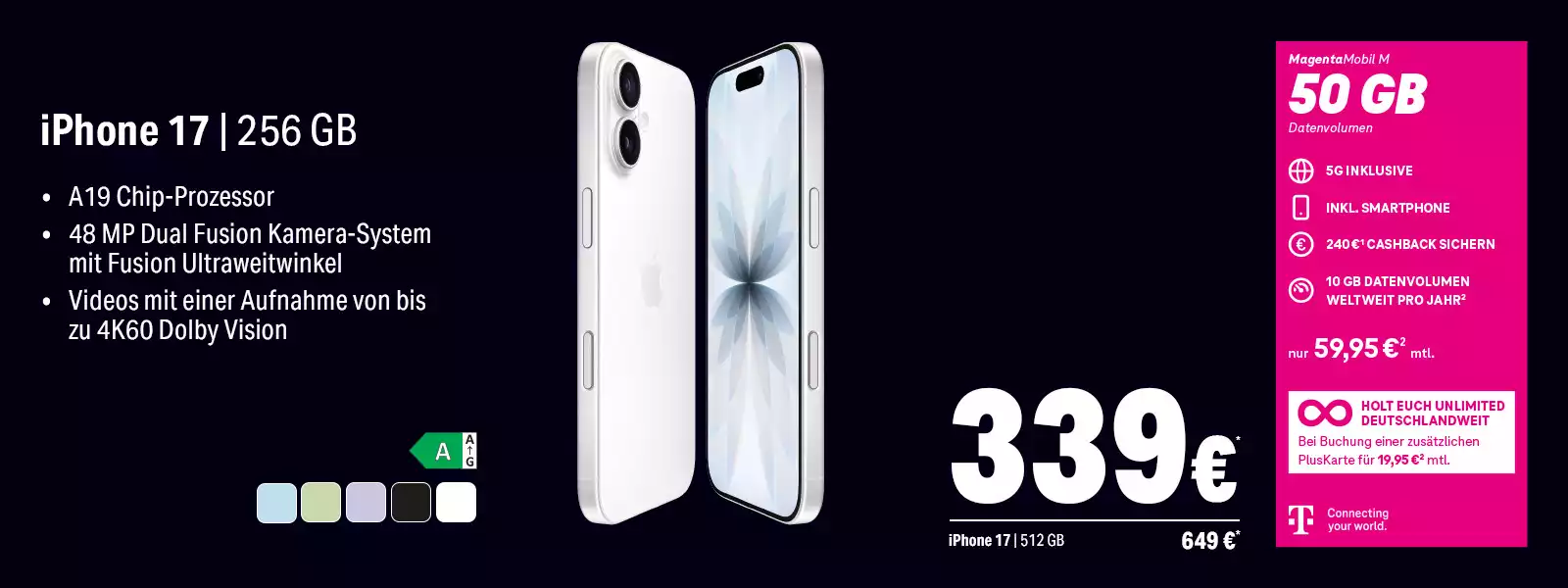 iPhone 17 256 GB Angebot mit 50 GB MagentaMobil M 5G und Dual-Kamera