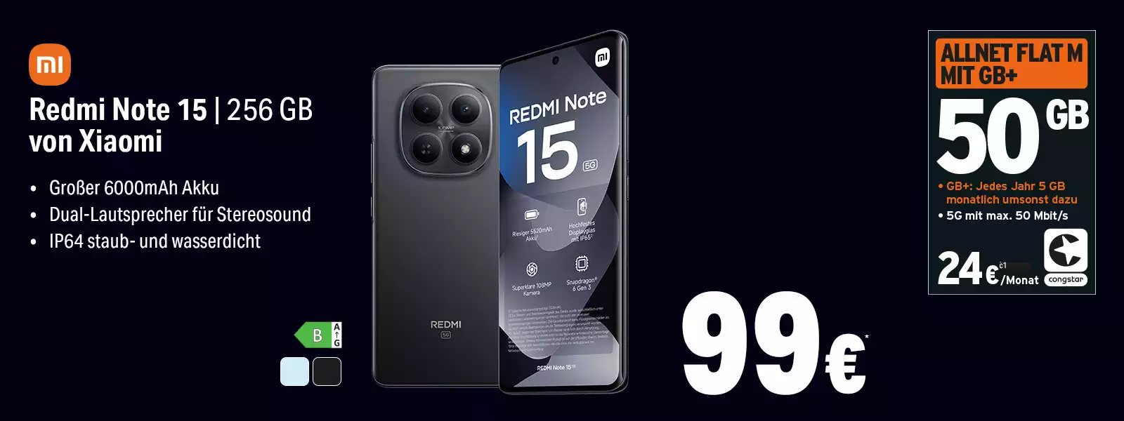 Xiaomi Redmi Note 15 256 GB mit 50 GB Allnet Flat M, Handyvertrag Angebot