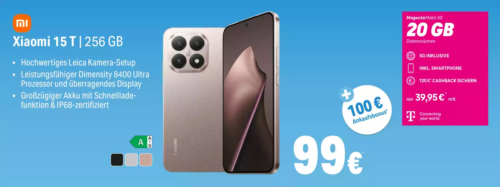 Angebot für Xiaomi 15T 256GB Smartphone mit 5G, Leica Kamera und 20GB Tarif bei Telekom.