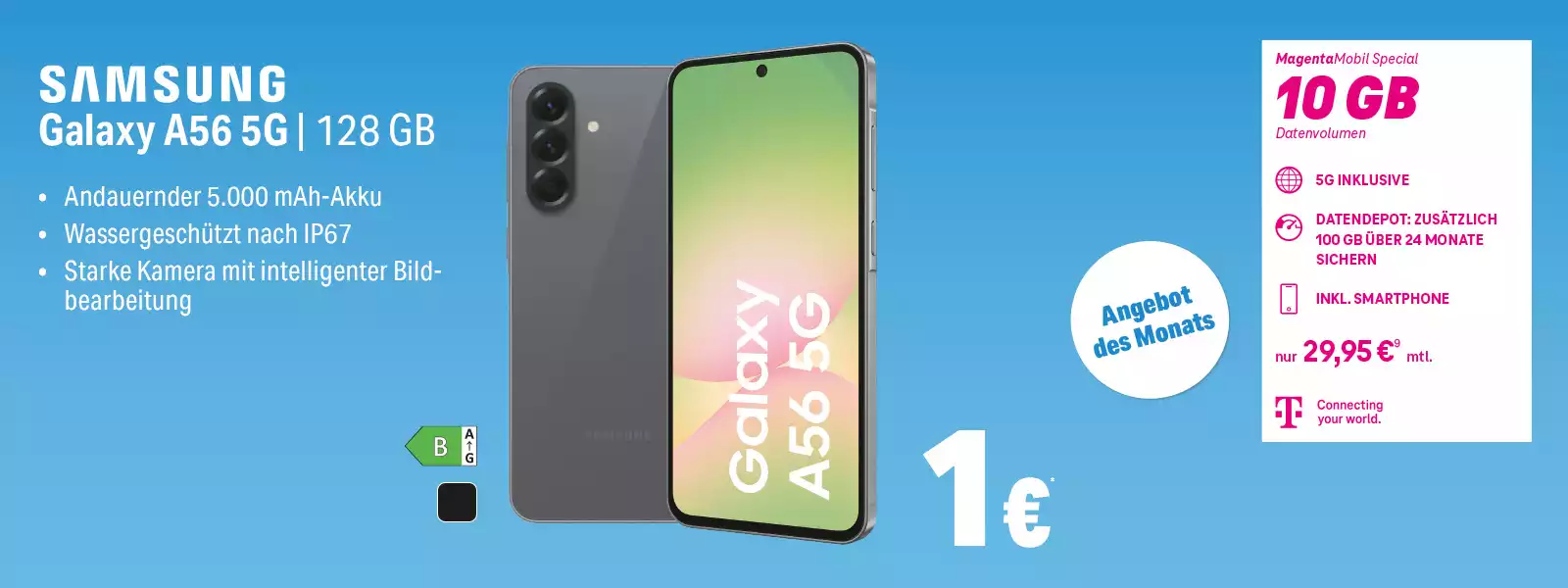 Angebot für Samsung Galaxy A56 5G mit 128 GB, 10 GB Tarif, 5G, starker Kamera und IP67-Schutz.
