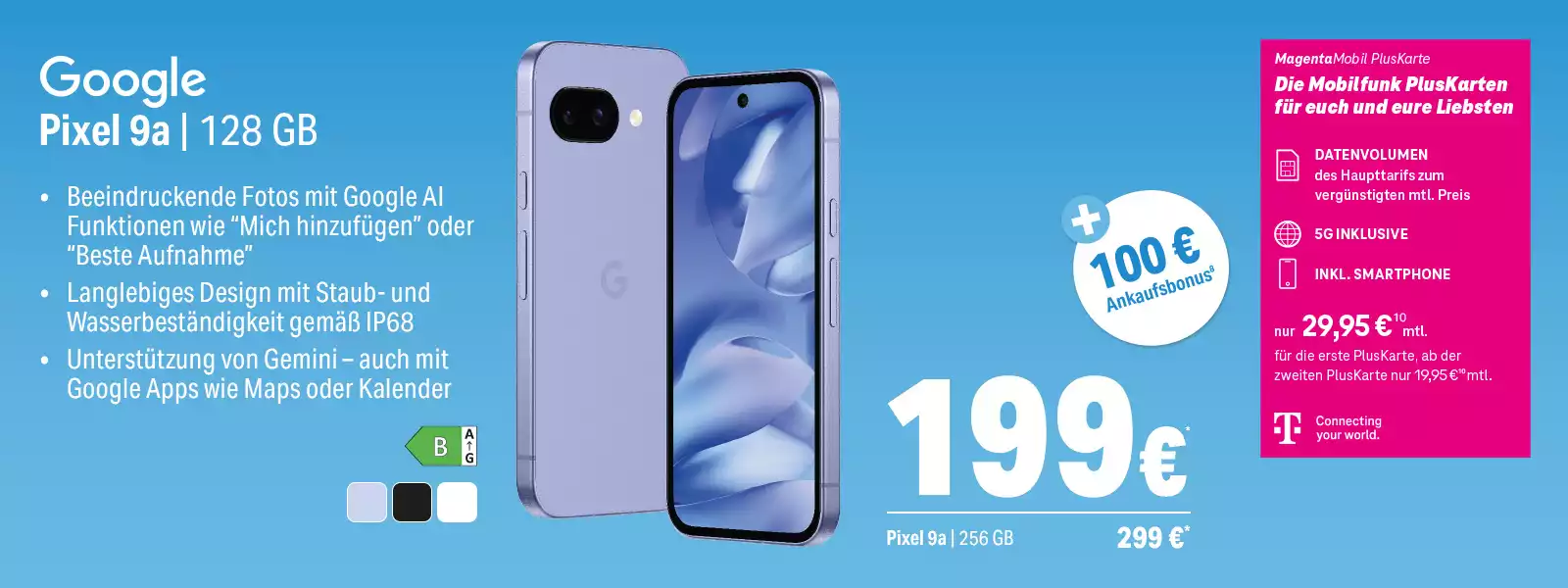 Werbung für das Google Pixel 9a Smartphone mit 128 GB, KI-Funktionen und IP68-Schutz.