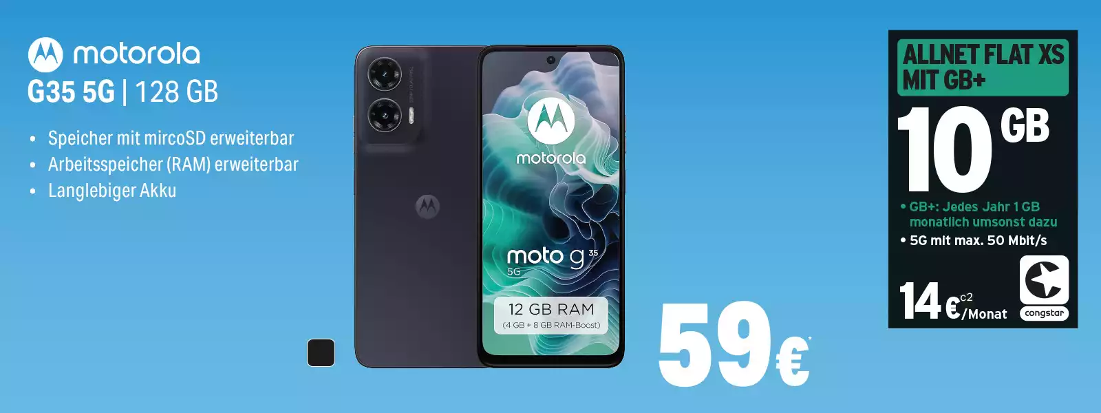 Motorola G35 5G Smartphone mit 128 GB Speicher und Allnet Flat XS Mobilfunktarif.