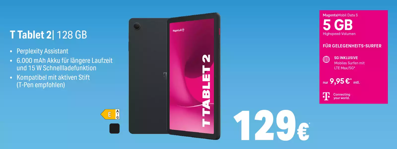 Modernes T Tablet 2 mit 128 GB, großem Akku, Perplexity Assistant und 5G-Tarifangebot.