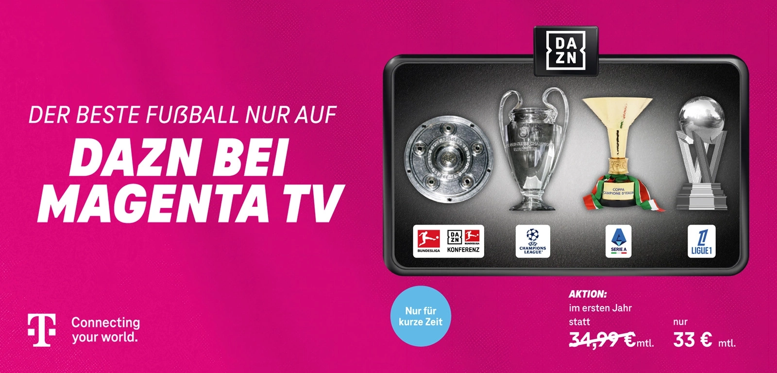 DAZN Fußball-Paket bei MagentaTV mit Bundesliga, Champions League, Serie A und Ligue 1.