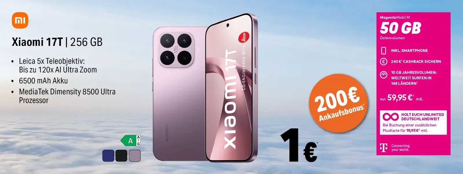 Werbebanner Xiaomi 17T Smartphone mit Kamera, 256 GB, MagentaMobil M 50 GB