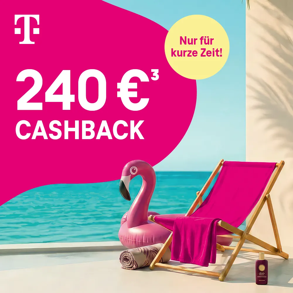 Telekom Cashback-Aktion, Liegestuhl am Strand mit Flamingo-Schwimmring