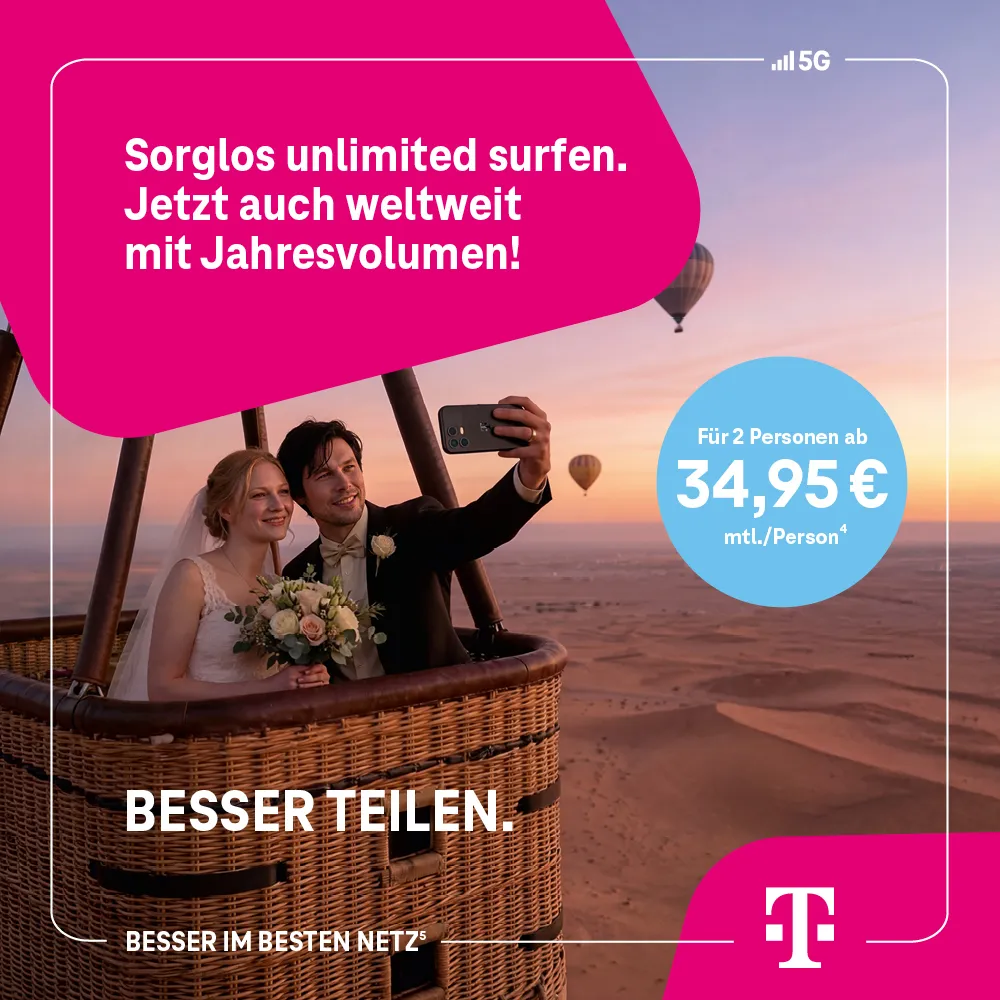 Brautpaar im Heißluftballon macht Selfie, Telekom 5G unlimited Tarif Werbung